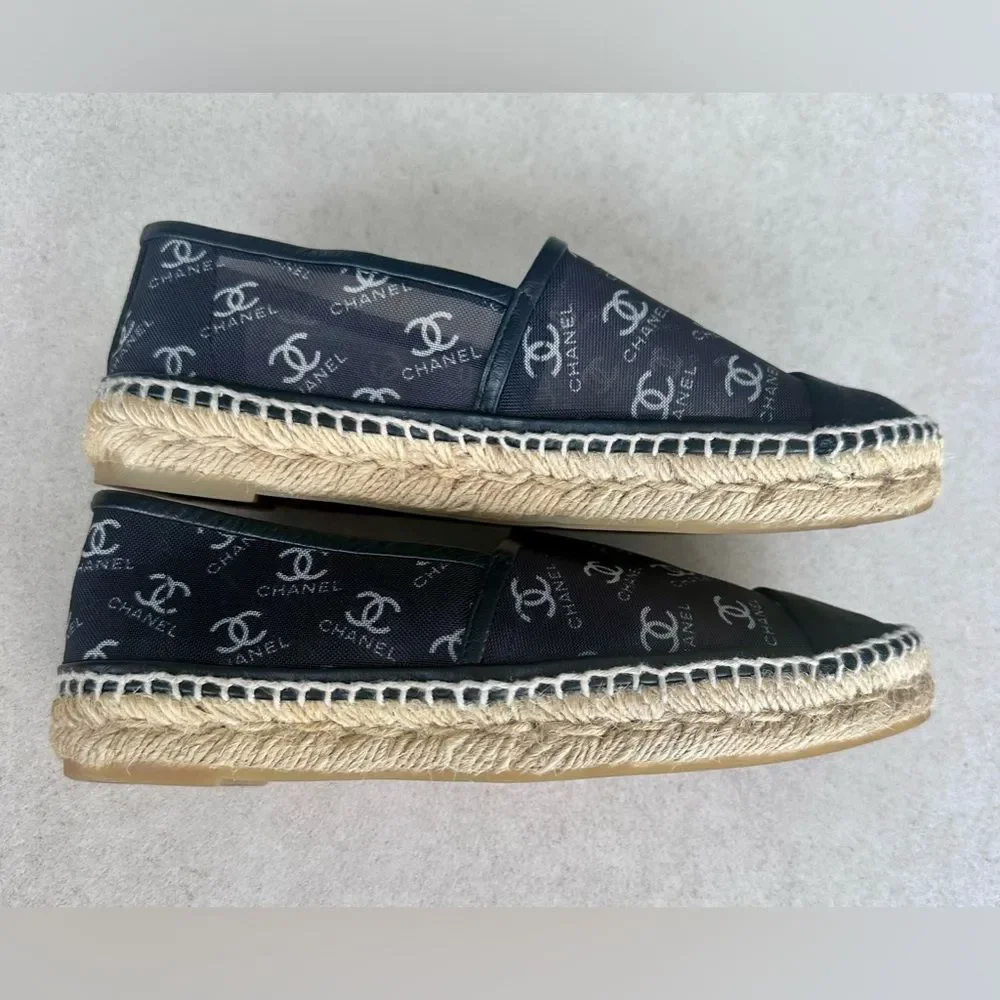 Chanel CC logo Mesh Grosgrain Cap Toe Black Espadrille Flats EU 37 US 6-6.5